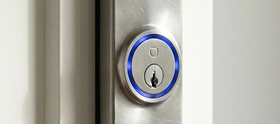 Moderner Türschlosszylinder aus Metall mit blau leuchtendem Ring auf Holztür.