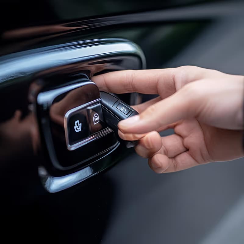 Hand hält einen Funkschlüssel an den Türgriff eines Autos