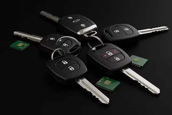 Autoschlüssel und Transponderchips auf schwarzem Untergrund
