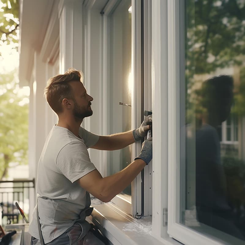 Handwerker montiert einen Beschlag an einem geöffneten Fenster