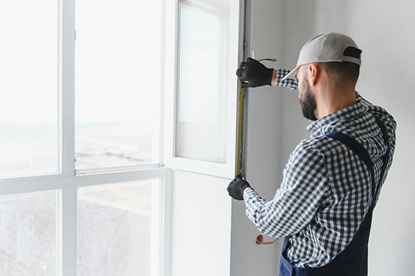Handwerker misst ein Fenster mit dem Maßband aus