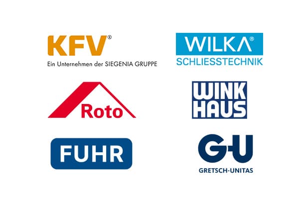 Logos der Beschlaghersteller KFV, Wilka, Roto, Winkhaus, Fuhr und Gretsch-Unitas