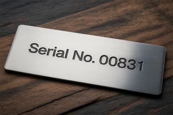Edelstahlschild mit gravierter Seriennummer auf einer Holzplatte