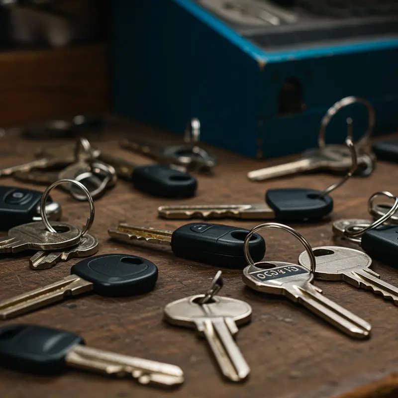 Verschiedene Auto- und Haustürschlüssel auf einer Holzwerkbank