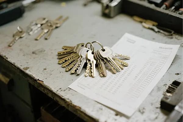Schlüsselbund und Schließplan auf einer Werkbank