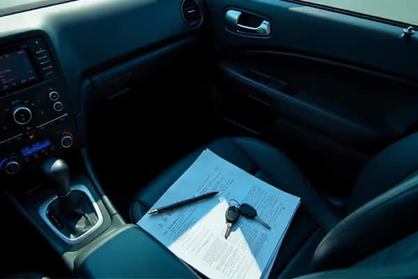 Autoschlüssel und Fahrzeugpapiere auf dem Beifahrersitz eines Autos