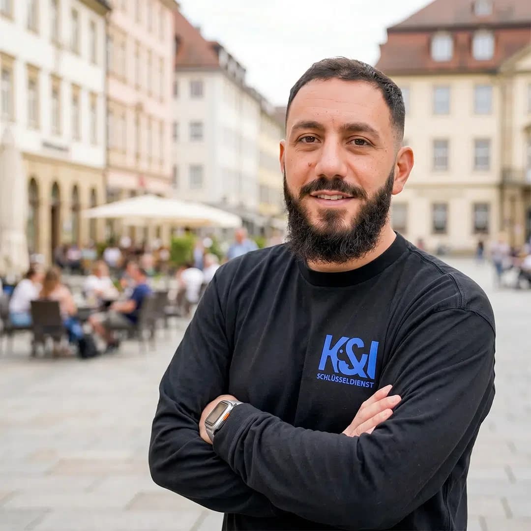 Kahlil Kassem Schlüsseldienst Experte aus Büsnau Vaihingen Stuttgart, vor historischem Marktplatz mit Altbauten und Außengastronomie