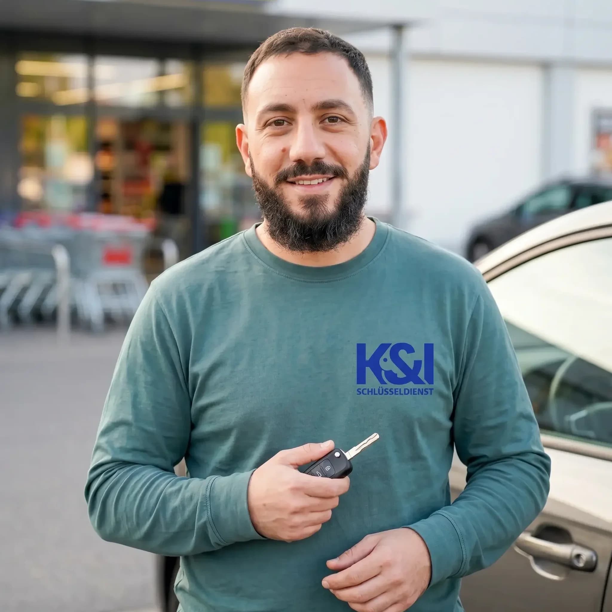K&I Schluesseldienst Experte mit Autoschluessel bereit fuer Einsatz in Leinfelden Echterdingen Musberg