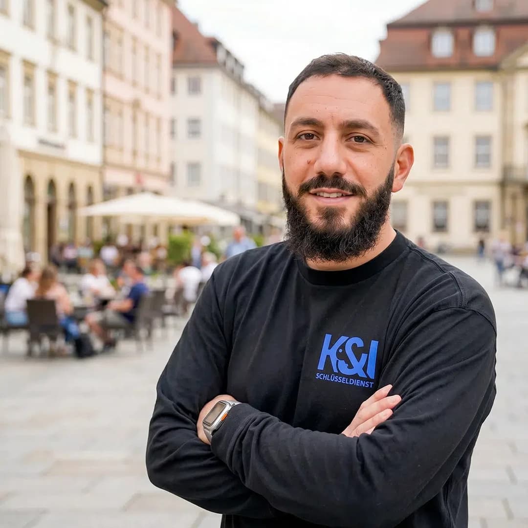 Kahlil Kassem Schlüsseldienst Experte aus Rosental Vaihingen Stuttgart, vor historischem Marktplatz mit Altbauten und Außengastronomie