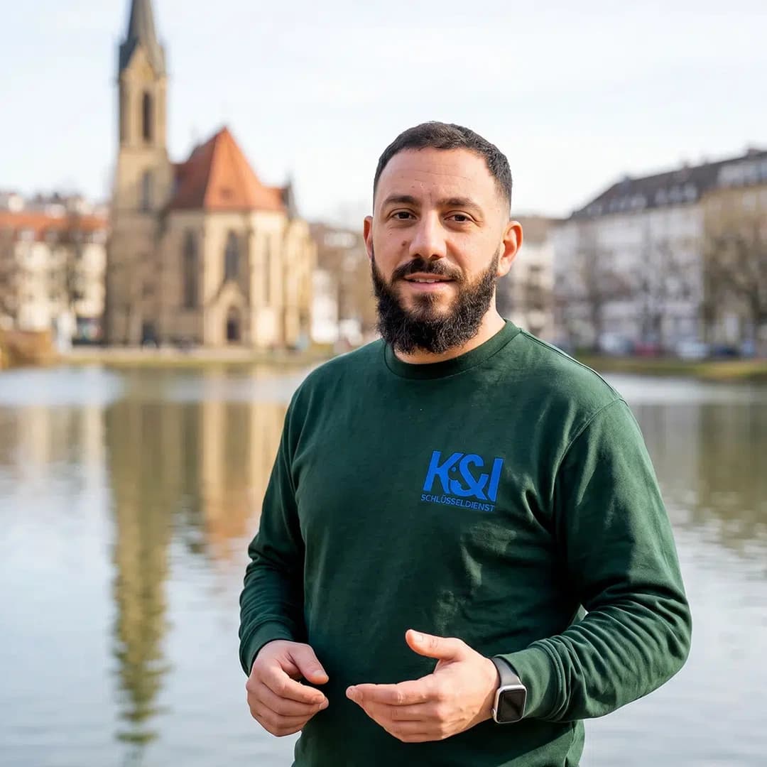 Kahlil Kassem Schlüsseldienst Experte auf der Prag Stuttgart-Nord, vor einem Teich mit historischer Kirche im Hintergrund