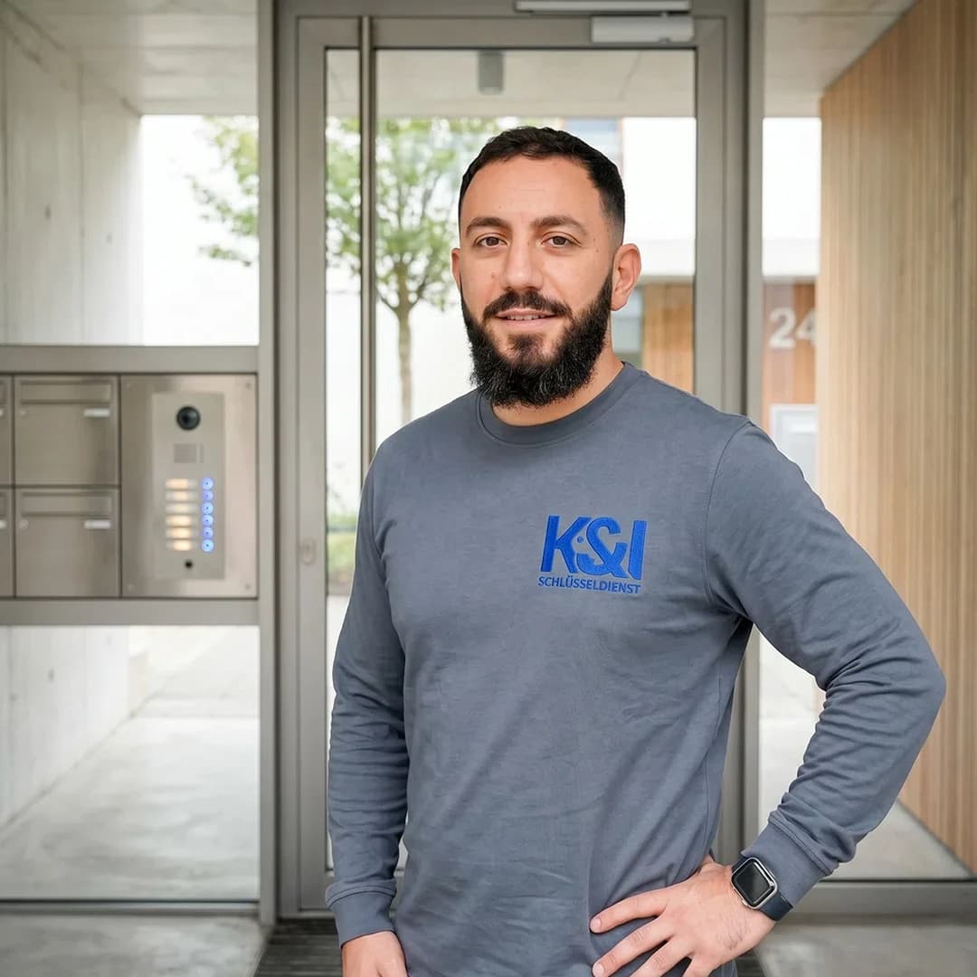 Kahlil Kassem Schlüsseldienst Experte aus Stöckach Stuttgart-Ost, vor modernem Wohnhauseingang mit Briefkastenanlage und Gegensprechanlage