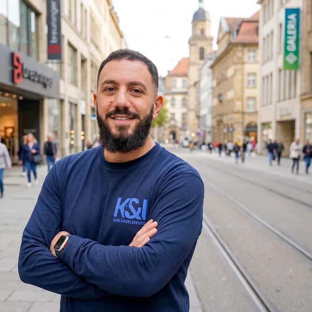 Kahlil Kassem Schlüsseldienst Experte aus Südheim Stuttgart-Süd, auf der Stuttgarter Königstraße mit Breuninger, Galeria und Stiftskirche