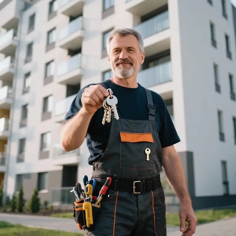 Monteur mit Werkzeuggürtel hält einen Schlüsselbund vor einem Wohnhaus