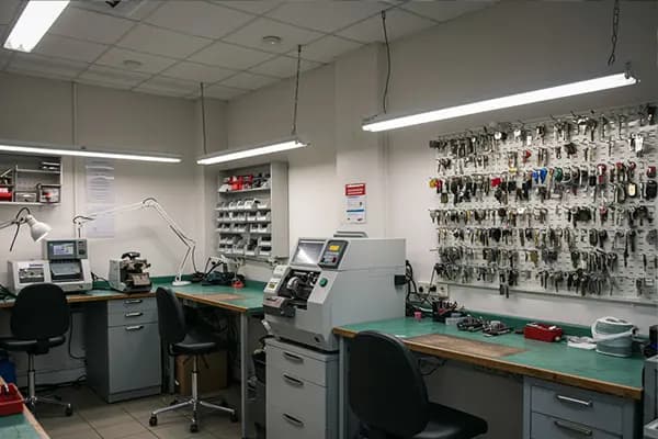 Werkstatt mit Schlüsselschränken, Kopiermaschinen und Arbeitsplätzen