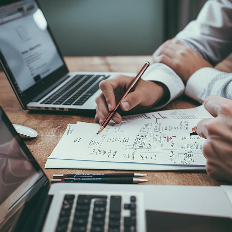 Planung einer Sicherheitsanlage am Laptop mit handschriftlichen Notizen