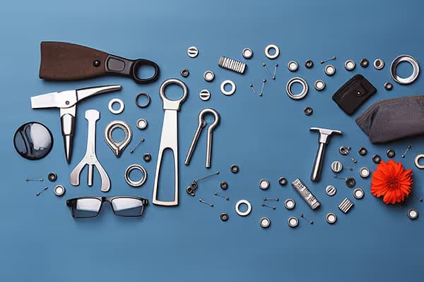 Werkzeuge und Metallkleinteile flach auf blauem Untergrund ausgelegt