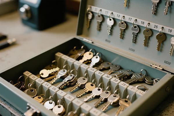 Schlüsselschrank mit nummerierten Fächern und eingehängten Schlüsseln