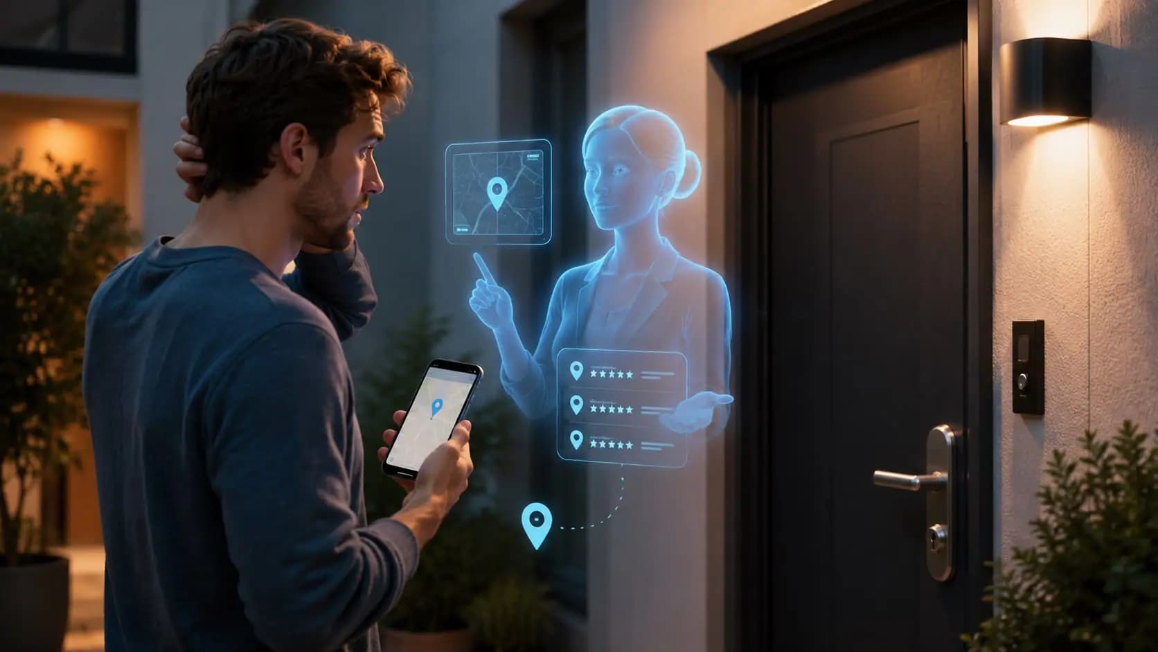 Mann steht abends vor einer verschlossenen Haustür und befragt sein Smartphone, daneben als Hologramm eine KI-Assistentin mit Kartenausschnitt und Bewertungslisten von Schlüsseldiensten