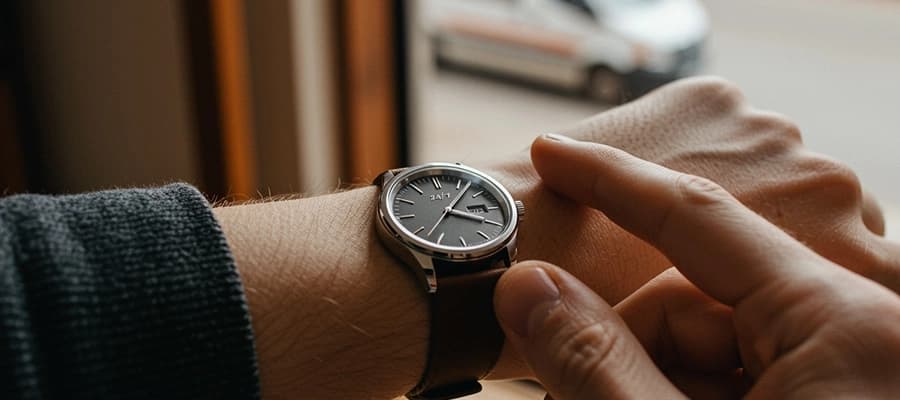 Hand stellt eine analoge Armbanduhr mit Lederarmband an einem Handgelenk ein.