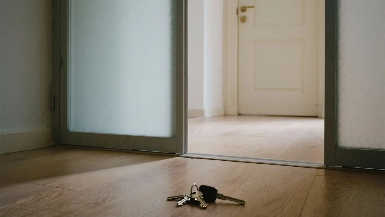 Schlüsselbund liegt auf dem Boden vor einer offenen Wohnungstür